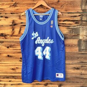 VINTAGE | JERRY WEST LA 44 90s 1996 Lakers NBA Blue LOGO CHAMPION Jersey Size 48